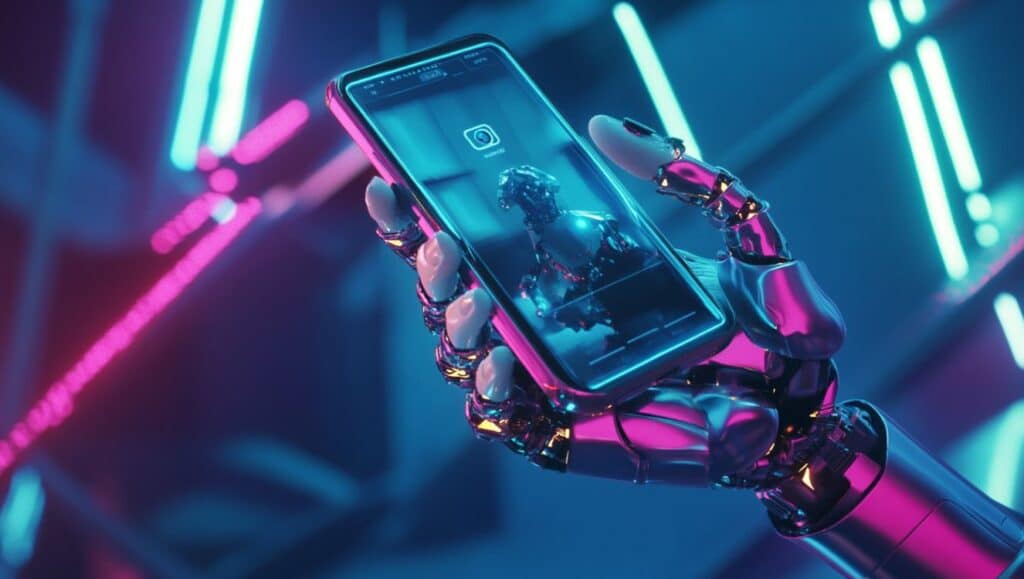 commenti Ai su Instagram - un robot usa uno smartphone