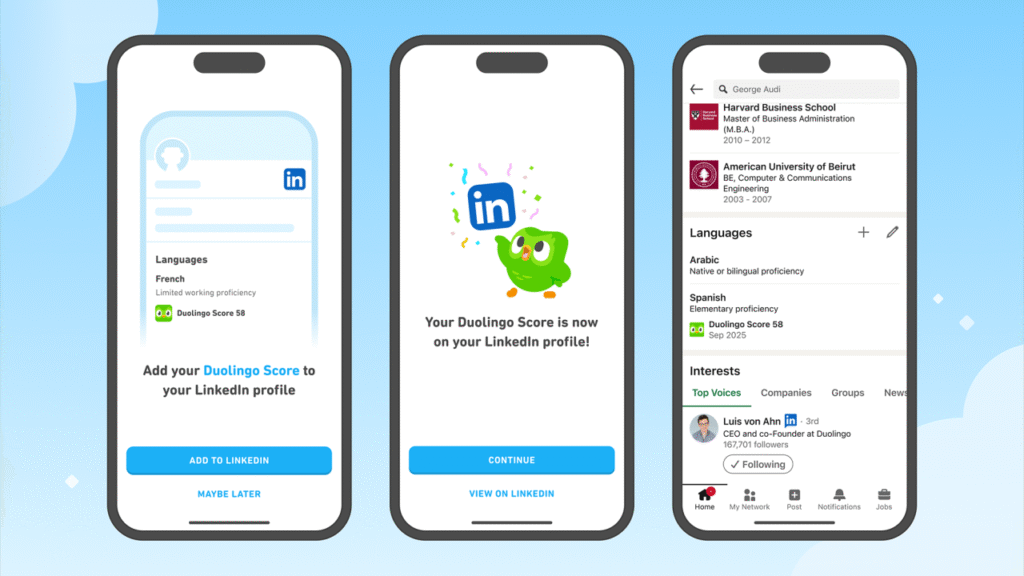 integrazione di Duolingo su LinkedIn con punteggio nei profili