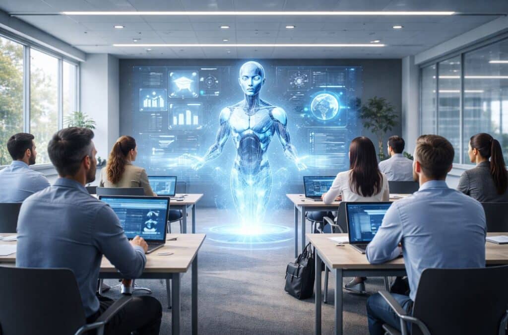 AI nella formazione: Fotografia iperrealistica di un’aula moderna e luminosa, adult learners seduti a tavoli con laptop, mentre un AI assistant olografico fluttua al centro della stanza, proiettando dati e suggerimenti personalizzati. Atmosfera professionale, luce naturale, palette neutra con accenti blu tecnologici